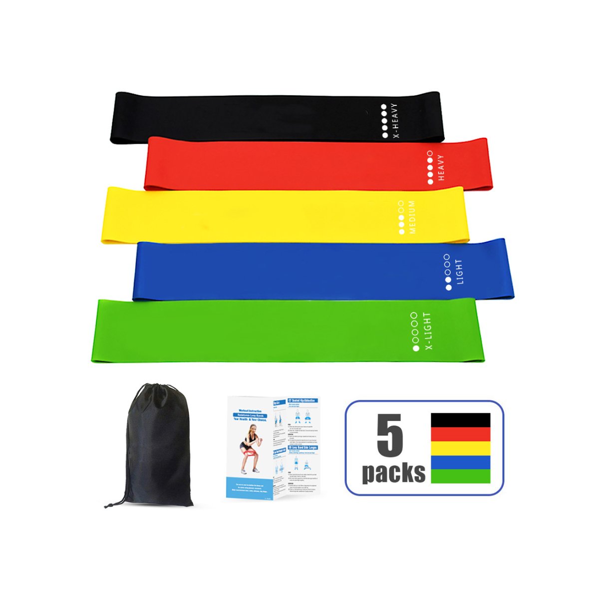 5 X Professional Latex Free Elastic Bands 5 Resistance Levels For Home Workout, Physiotherapy, Bodybuilding, Yoga, Pilates, Rehabilitation Or Gym