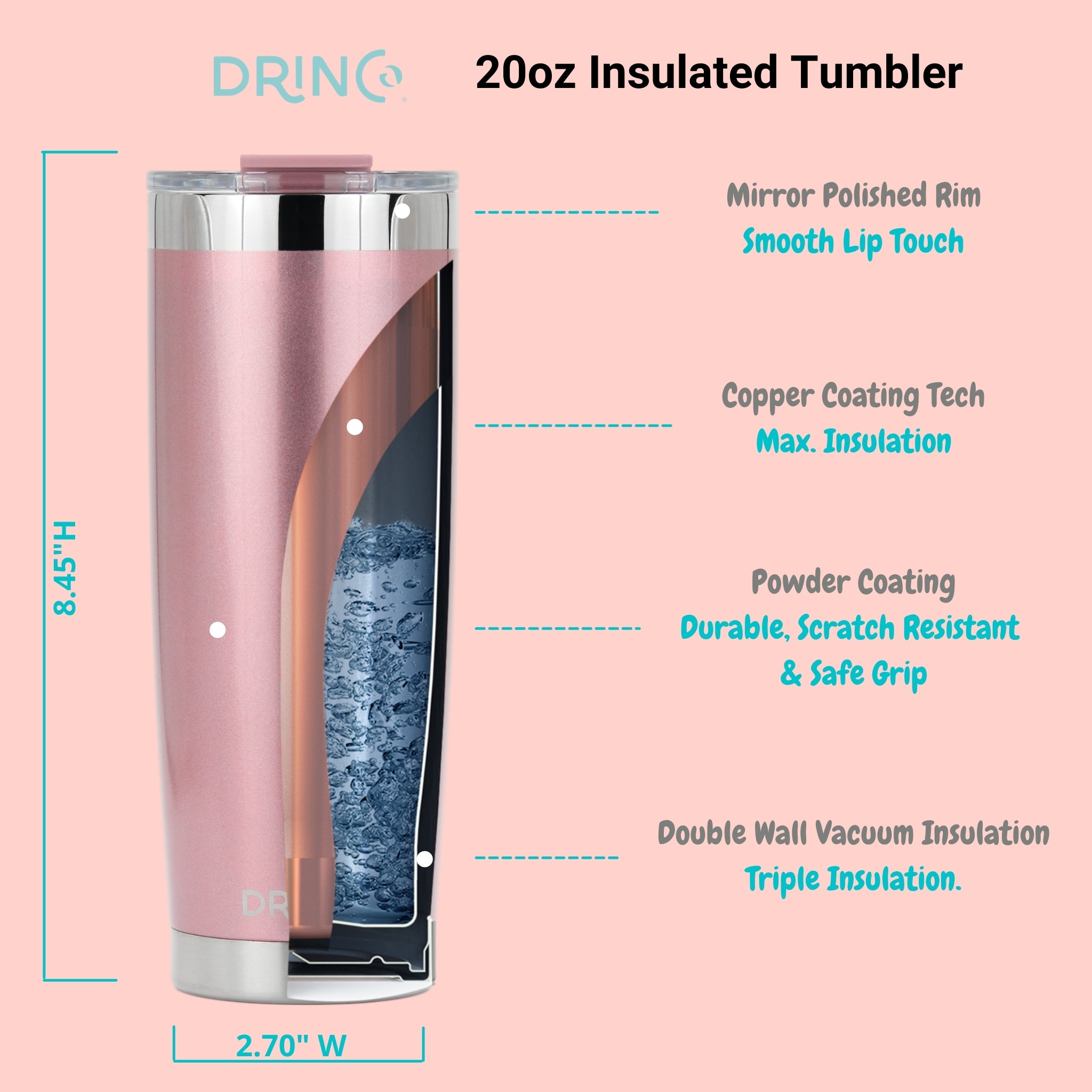 Tumbler & Mug Insulated Drinkware w/ 2 Straws - 20oz - (Rose Gold)