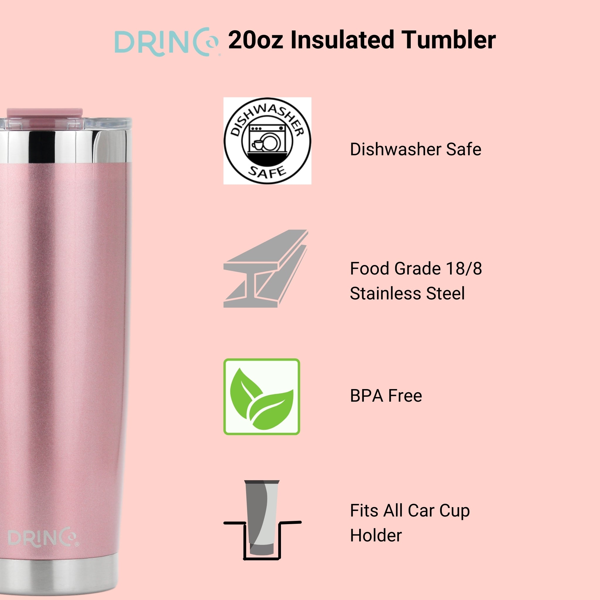 Tumbler & Mug Insulated Drinkware w/ 2 Straws - 20oz - (Rose Gold)
